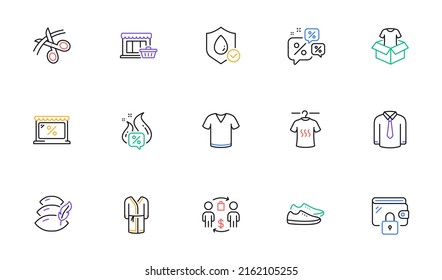 Iconos de línea de alboroto, cartera y tijeras para sitio web, impresión. Colección de proceso de compra, camiseta seca, iconos de zapatos. Oferta caliente, Marketplace, Descuentos elementos web de chat. Ropa. Vector