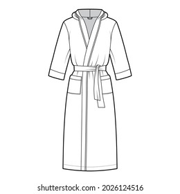 Albornoces encapuchados Vestido ilustración técnica de moda con abertura de envoltura, longitud de rodilla, sobretamaño, corbata, bolsillo, mangas codo. Delantero de ropa plana, color blanco. Mujeres, hombres, CAD unisex