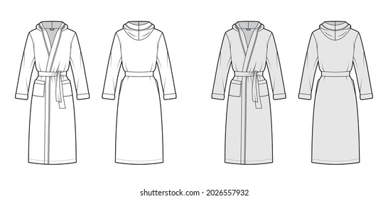 Bathrobes hooded Dressing gown technical fashion illustration with knee length, oversized, tie, pocket, long sleeves. Flat garment apparel front, back, white grey color. Women, men, unisex CAD mockup