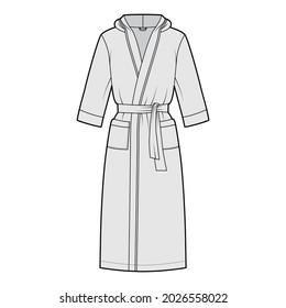 Bathrobes hooded Dressing gown technical fashion illustration with wrap opening, knee length, oversized, tie, pocket, elbow sleeves. Flat garment apparel front, grey color. Women, unisex CAD mockup