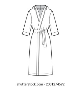 Bathrobes hooded Dressing gown technical fashion illustration with wrap opening, knee length, oversized, tie, elbow sleeves. Flat garment apparel front, white color. Women, men, unisex CAD mockup
