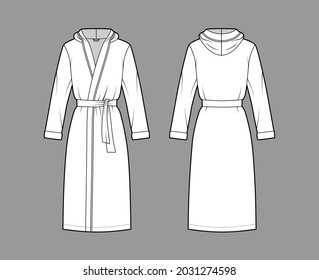 Bathrobes hooded Dressing gown technical fashion illustration with wrap opening, knee length, oversized, tie, long sleeves. Flat garment apparel front, back, white color. Women, men, unisex CAD mockup