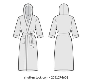 Bathrobes hooded Dressing gown technical fashion illustration with wrap opening, knee length, oversized, tie, pocket, elbow sleeves. Flat garment apparel front, back grey color. Women, men, unisex CAD