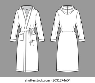 Bathrobes hoodiert Dressing gown technische Mode Illustration mit Wrap Öffnung, Knilänge, überdimensioniert, Krawatte, Tasche, lange Ärmel. Flache Bekleidung vorne, hinten, weiße Farbe. Frauen, Männer, unisex CAD-Modell nach oben