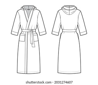 Bathrobes hooded Dressing gown technical fashion illustration with wrap opening, knee length, oversized, tie, pocket, elbow sleeves. Flat apparel front, back, white color. Women, men unisex CAD mockup