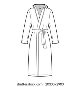 Bathrobes hooded Dressing gown technical fashion illustration with wrap opening, knee length, oversized, tie, long sleeves. Flat garment apparel front, white color. Women, men, unisex CAD mockup