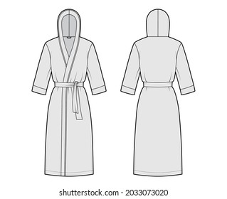 Bathrobes hooded Dressing gown technical fashion illustration with wrap opening, knee length, oversized, tie, elbow sleeves. Flat garment apparel front, back, grey color. Women, men, unisex CAD mockup