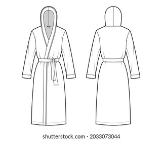 Bathrobes hooded Dressing gown technical fashion illustration with wrap opening, knee length, oversized, tie, long sleeves. Flat garment apparel front, back, white color. Women, men, unisex CAD mockup