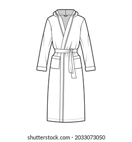 Bathrobes hooded Dressing gown technical fashion illustration with wrap opening, knee length, oversized, tie, pocket, long sleeves. Flat garment apparel front, white color. Women, unisex CAD mockup