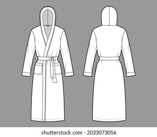 Bathrobes hoodiert Dressing gown technische Mode Illustration mit Wrap Öffnung, Knilänge, überdimensioniert, Krawatte, Tasche, lange Ärmel. Flaches Kleidungsstück vorne, hinten, weiße Farbe. Frauen, Männer, unisex CAD-Modell nach oben