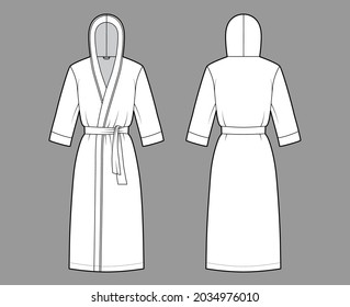 Bathrobes hooded Dressing gown technical fashion illustration with wrap opening, knee length, oversized, tie, elbow sleeves. Flat garment apparel front, back white color. Women, men, unisex CAD mockup