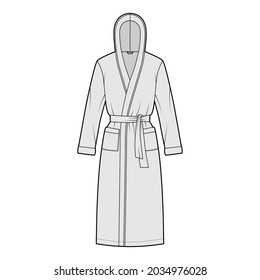Bathrobes hooded Dressing gown technical fashion illustration with wrap opening, knee length, oversized, tie, pocket, long sleeves. Flat garment apparel front grey color. Women, men, unisex CAD mockup