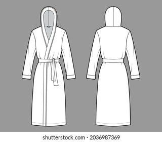 Bathrobes hooded Dressing gown technical fashion illustration with wrap opening, knee length, oversized, tie, long sleeves. Flat garment apparel front, back, white color. Women, men, unisex CAD mockup