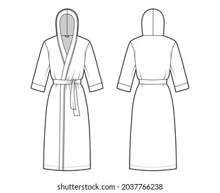 Bathrobes hooded Dressing gown technical fashion illustration with wrap opening, knee length, oversized, tie, elbow sleeves. Flat garment apparel front, back, white color. Women men, unisex CAD mockup