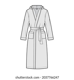 Bathrobes hooded Dressing gown technical fashion illustration with wrap opening, knee length, oversized, tie, pocket, long sleeves. Flat apparel front, back grey color. Women, men, unisex CAD mockup