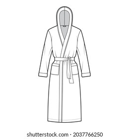 Bathrobes hooded Dressing gown technical fashion illustration with wrap opening, knee length, oversized, tie, pocket, long sleeves. Flat garment apparel front, white color. Women, unisex CAD mockup