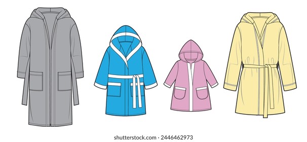 Bathrobes for the whole family, set of women's bathrobe, man's bathrobe and kids bathrobe