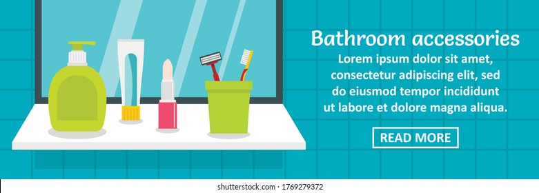 El concepto horizontal de los accesorios del baño. Ilustración plana de accesorios de baño banner concepto vectorial horizontal para el diseño web