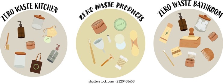 Bathroom accessories, bath item, kitchen.Dental cleaning tools, natural skin care, organic cosmetics. Zero waste bathroom, reusable products. Eco friendly lifestyle. Vector flat cartoon illustration