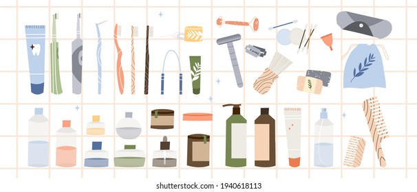 Accesorios de baño, artículos de baño. Herramientas de limpieza dental, cuidado natural de la piel, cosméticos orgánicos. Baño de basura cero, productos reutilizables. Estilo de vida ecológico. Ilustración de dibujos animados planos vectoriales