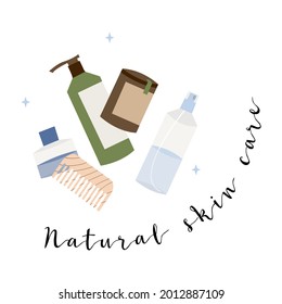 Bathroom accessories, bath items, toiletry. Oral care, natural skin care, organic cosmetics. Zero waste bathroom, reusable products. Eco friendly lifestyle. Vector flat cartoon illustration
