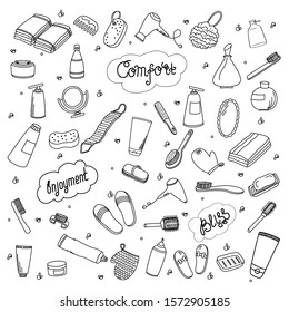 Bathroom accessories, bathtub, spa. Vector illustration. For packaging, brochures, advertising, design, banner, label.