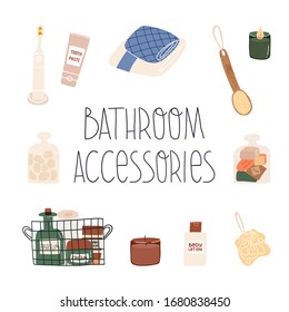 Bathroom accessories big set with electric toothbrush, towels, wood natural brush for dry massage, glass containers and metal storage basket with paper towels,candle, face and body lotion and others. 