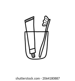 Accesorios de baño. Cepillo y pasta dental en un vaso. Ilustración vectorial en blanco y negro sobre un cartón de fondo blanco. Rutina matutina