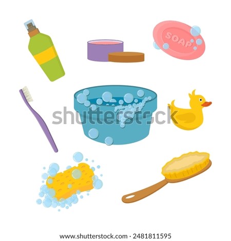Bathroom accessories cartoon. Bath accessory soap towel comb brush hair sponge shampoo 