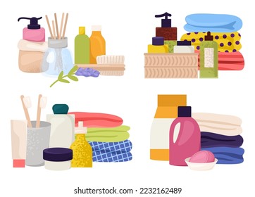 Bathroom accessories close-up, bottles with shampoo, personal care cosmetics, vector illustration. Body care liquid, soft fresh towels.