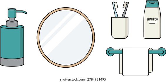 Bathroom Accessories Collection Vector Illustration with Soap Dispenser Mirror Toothbrush Holder Shampoo Bottle and Towel Rack
