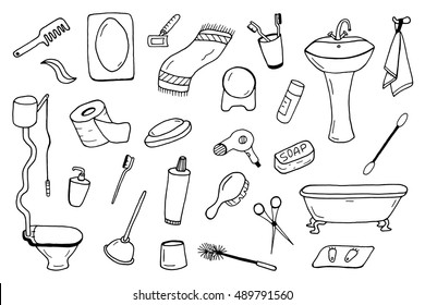 Bathroom Accessories Collection.Vector Illustration In Doodle Style.