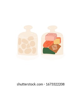 Bathroom accessories decor set. Two glass containers with a lid for cotton balls and multi-colored blocks of organic soap. Flat vector hand drawn illustration on isolated background.