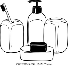 Bathroom Accessories Drawing Line Art Bathroom Decor Toothbrush Holder Dispenser Soap Holder