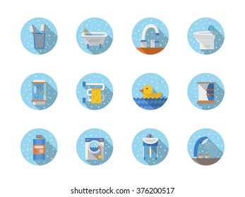 Bathroom accessories and equipment. Household objects. Round flat style vector icons with drops. Elements of web design for business, website and mobile.