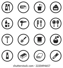Bathroom Accessories Icons. Black Flat Design In Circle. Vector Illustration.