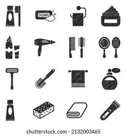 Bathroom Accessories Icons. Black Scribble Design. Vector Illustration.