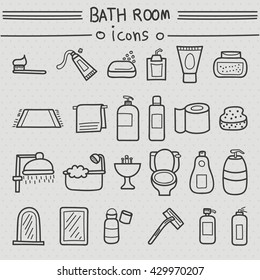 Bathroom accessories icons hand drawn set. Vector illustration of Toothbrush, toothpaste, soap, cleansers' sponge, shower, Bathtub, wash basin, toilet, mirror, roll-on, deodorant, shaving knife, razor