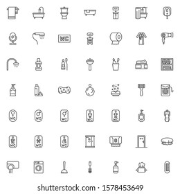 Bathroom accessories icons set. linear style symbols collection, outline signs pack. vector graphics. Set includes icons as bath, bathtub, toilet, lavatory, restroom, towel, water, soap dispenser