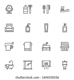 Bathroom accessories line icons set. linear style symbols collection, outline signs pack. vector graphics. Set includes icons as shaving mirror, bathtub and shower, hand dryer towel, liquid soap, sink