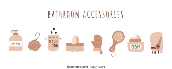 Bathroom accessories. Organic products for peeling skin. Anti-cellulite treatment. Home self care. Vector illustration in cartoon style.