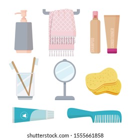 Bathroom accessories. Personal hygiene items toothbrush paste sponge towel gel soap vector cartoon set
