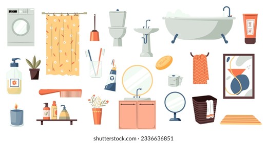 Conjunto de accesorios para el baño. Equipamiento de higiene de los aseos de dibujos animados, champú de gel de jabón, lavabo con toalla de espejo y bañera. Colección plana vectorial de baño ajustada a la higiene en la ilustración del inodoro