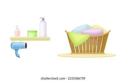 Bathroom accessories set. Cosmetics, hairdryer and laundry basket cartoon vector illustration