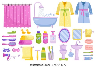 Bathroom accessories set. Isolated home bathroom furniture and accessories collection. Cartoon bath soap, shower, shampoo bottle, towel, bathtub, toothpaste objects. Hygiene accessories icons