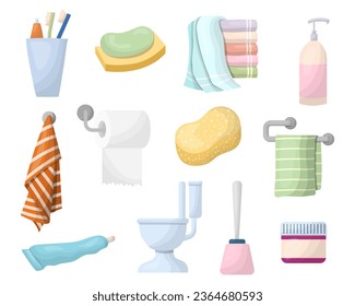 Bathroom accessories, a set of personal hygiene items, vector illustration. Cleaning and body care products, towel