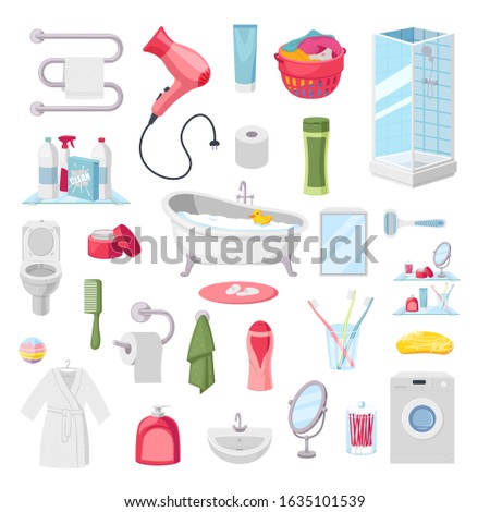 Bathroom accessories, set of personal hygiene items, vector illustration. Isolated stickers in flat cartoon style, bathtub, shower, toilet and sink. Cleaning and body care products, bath items