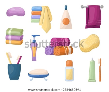Bathroom accessories, a set of personal hygiene items, vector illustration. Cleaning and body care products, towel
