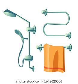 Bathroom accessories set, shower head on hose, towel hanging on heater rail and empty coil dryer in bath room isolated on white background, design elements cartoon vector illustration, icon, clip art