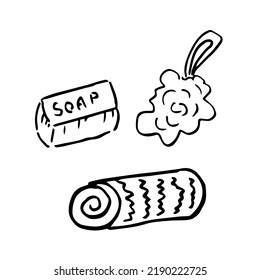 Bathroom accessories soap, towels and washcloth. Vector hand drawn sketch illustration.